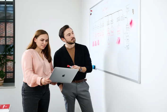 UX workshop with team analyzing user needs on whiteboard