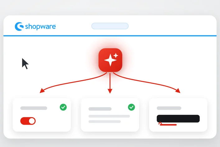 Shopware interface showing a red star icon with arrows pointing to three items, two with green check marks, on a white background.