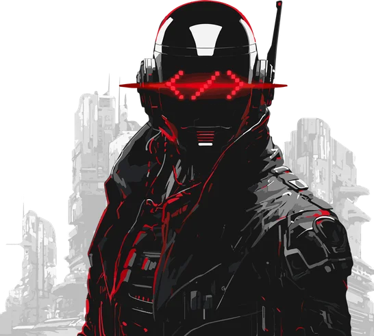 Futuristic cyberpunk character illustration with red accents