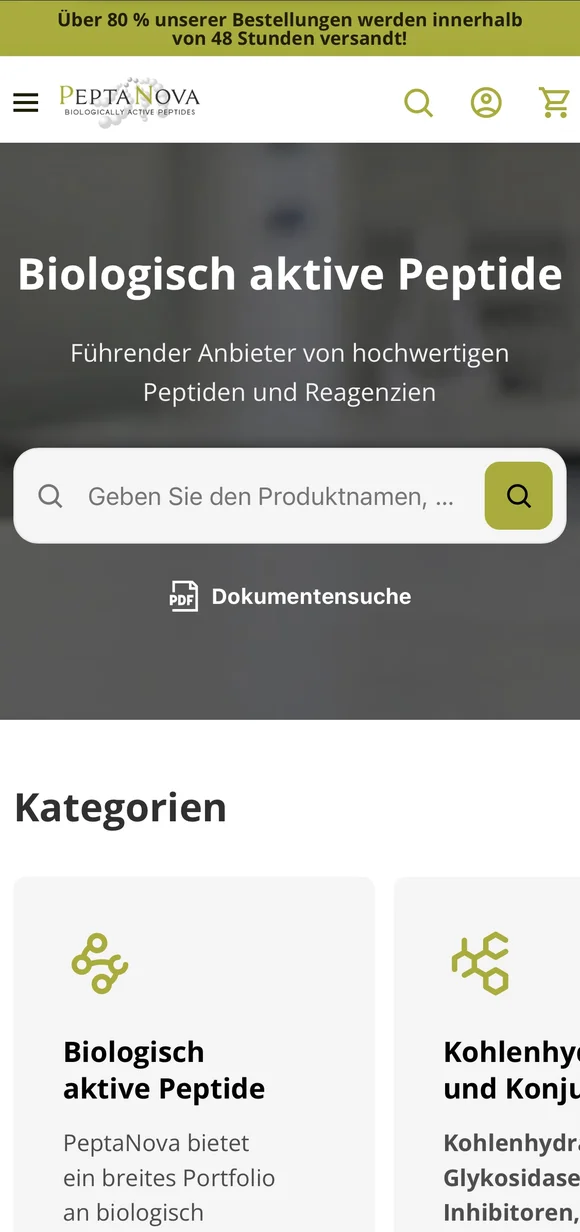 PeptaNova mobile B2B shop on Shopify with search bar and the category Biologically active peptides