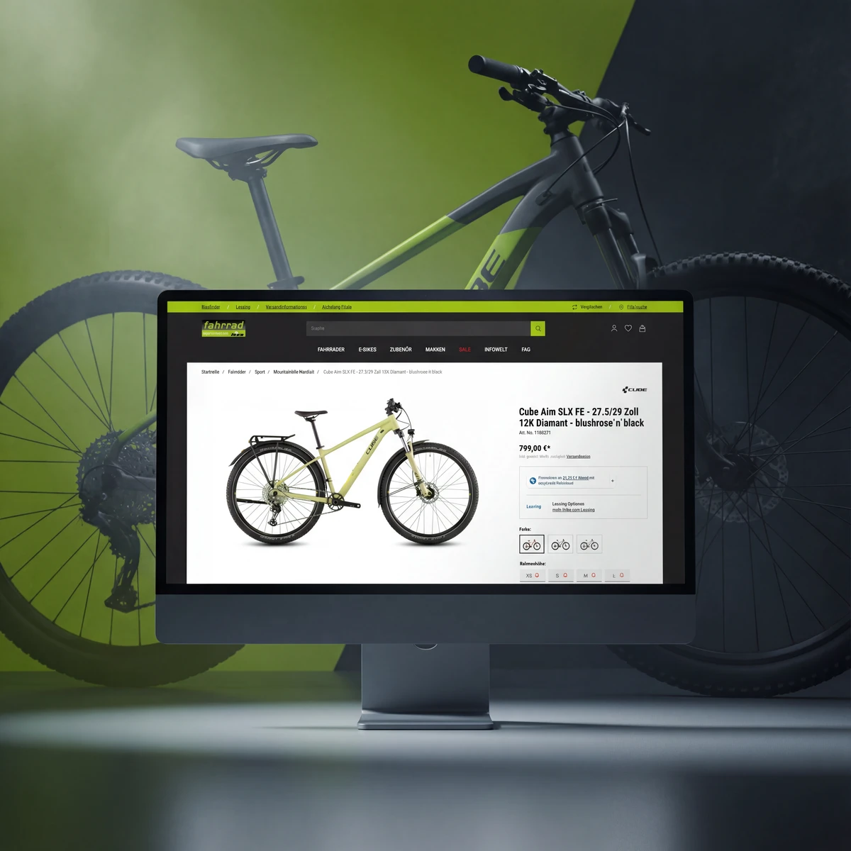 Fahrradlagerverkauf e-commerce website preview on a desktop monitor showcasing the Cube Aim SLX FE mountain bike product page