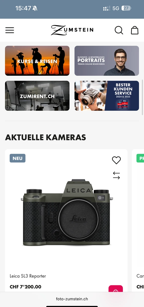 Zumstein mobile e-commerce interface showcasing the "Leica SL3 Reporter" camera alongside promotional tiles for photography courses, rental services, and portrait appointments
