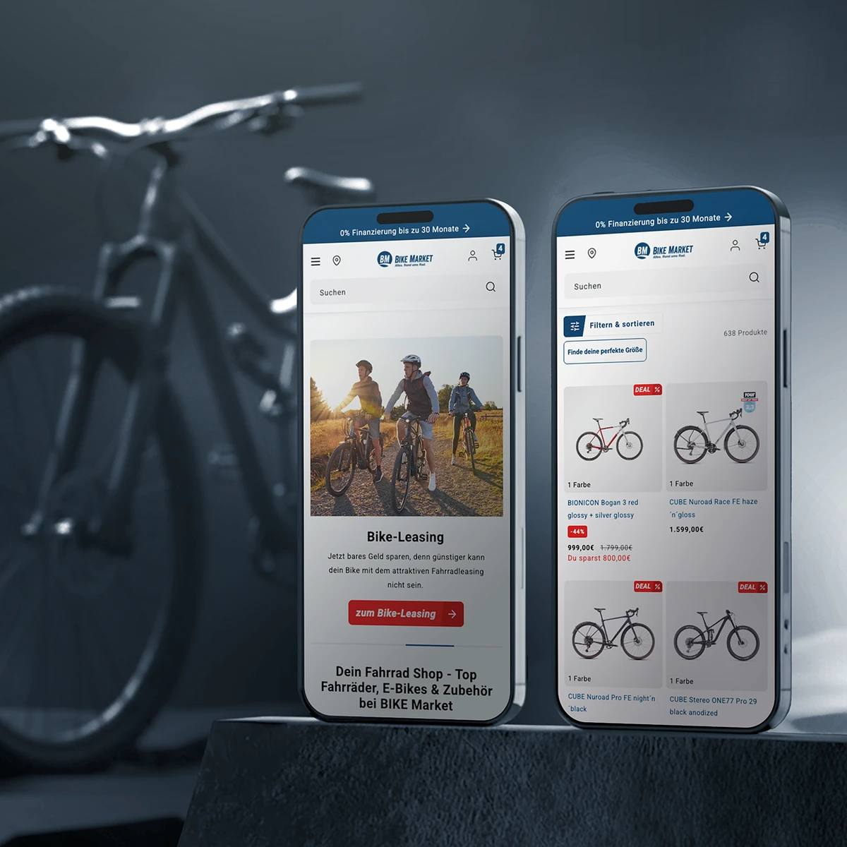 Hier ist der Metatext für das letzte Bild der Reihe im gewünschten Format:  BIKE MARKET mobile e-commerce interface preview on two smartphones showcasing bike leasing options and a product listing for gravel and mountain bikes alongside a bicycle in a studio setting