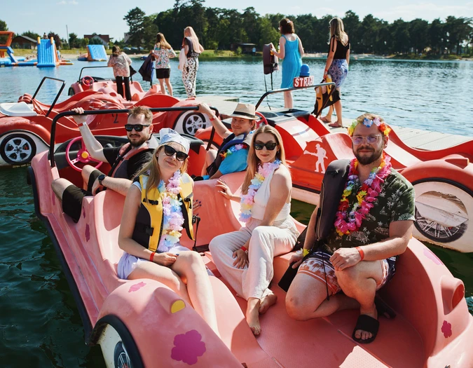 Team fun on pedal boats