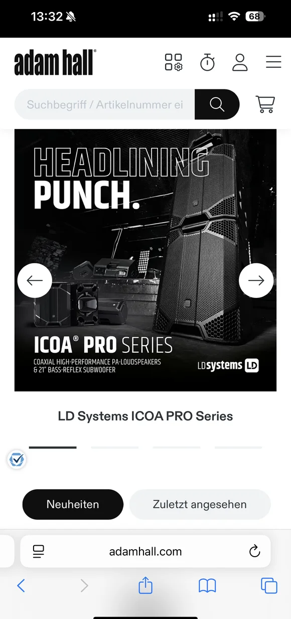 Adam Hall mobile e-commerce interface showcasing LD Systems ICOA PRO series high-performance PA loudspeakers