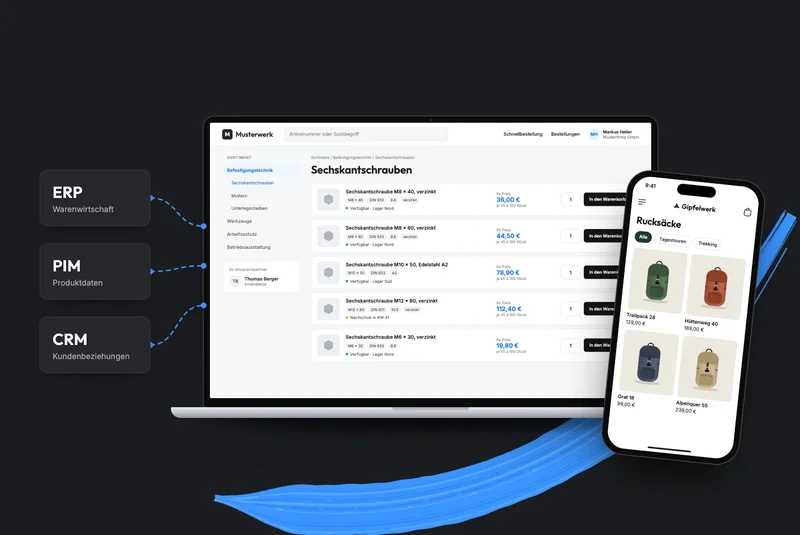 ERP, PIM und CRM angebunden an einen B2B-Shop auf dem Laptop und einen B2C-Shop auf dem Smartphone, verbunden durch einen blauen Pinselstrich