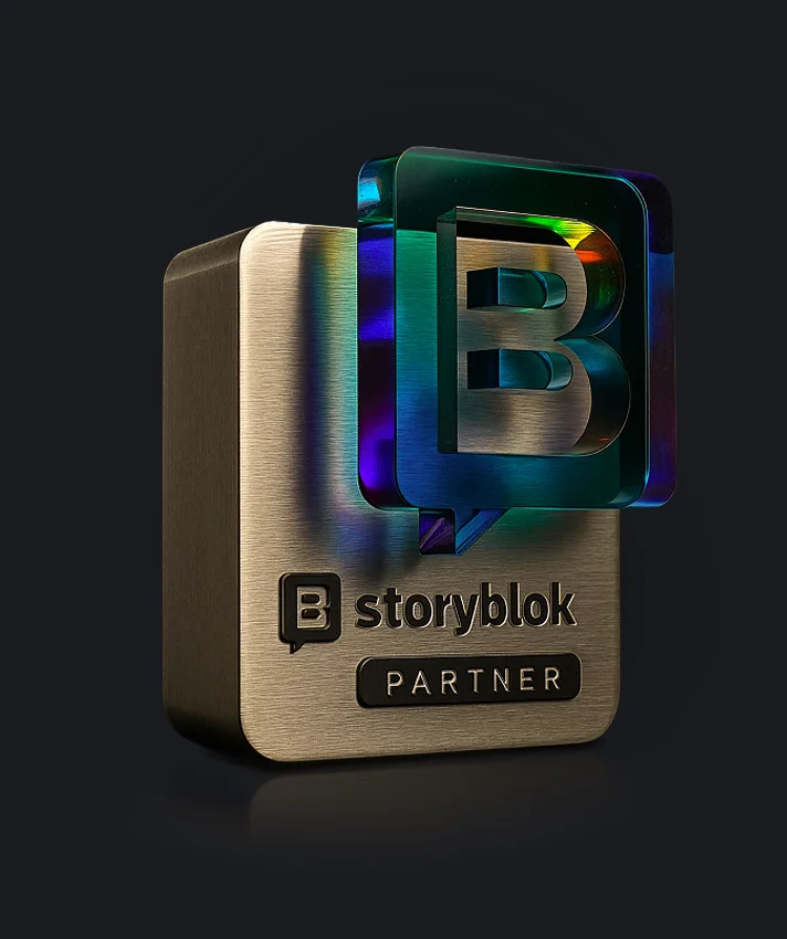 Storyblok Partner award trophy with a colorful glass logo on a dark background