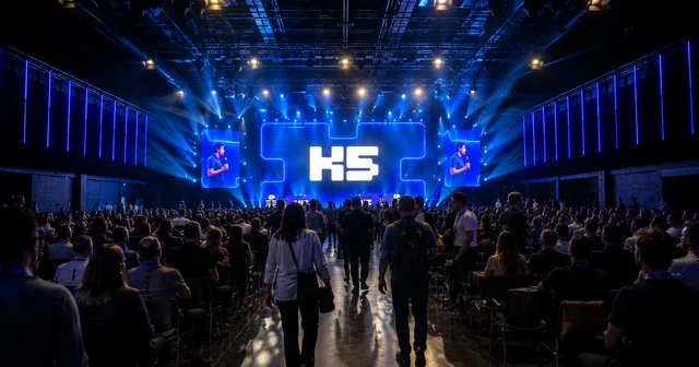 A large crowd attends a tech conference in a dimly lit auditorium, facing a stage with bright blue lighting and "K5" displayed prominently.
