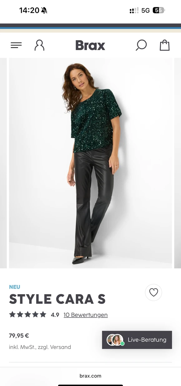 Brax mobile e-commerce interface displaying "STYLE CARA S" product page featuring a sequined top and leather trousers
