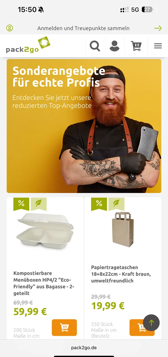 pack2go mobile e-commerce interface displaying "Sonderangebote für echte Profis" (Special offers for real professionals) featuring compostable menu boxes and brown kraft paper carrier bags alongside an image of a professional chef