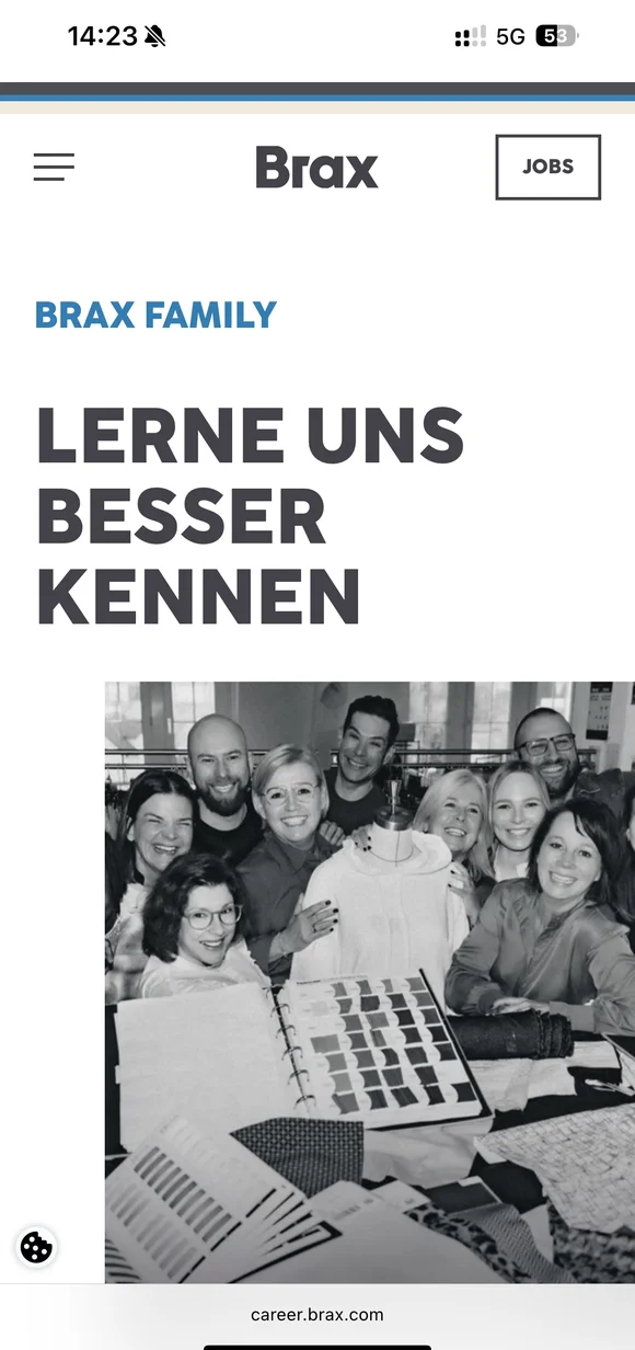 Brax mobile interface showcasing the "BRAX FAMILY" career page with a group photo of the team