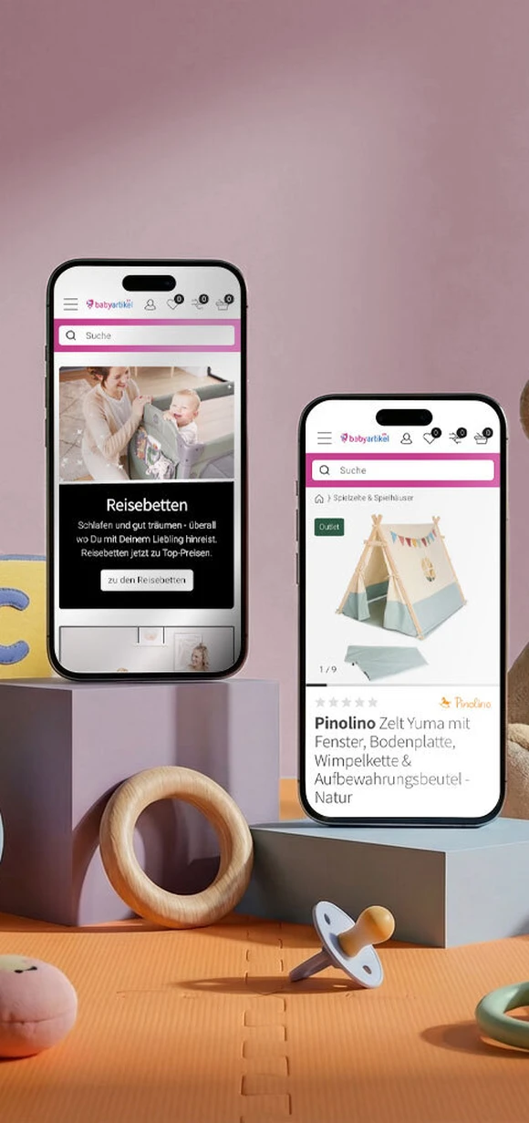 Babyartikel.de e-commerce website preview on two mobile devices showcasing travel beds and the Pinolino Yuma play tent among baby toys and accessories