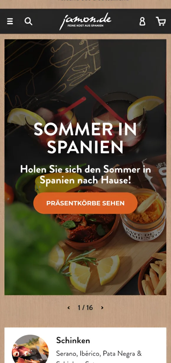 Jamon.de mobile e-commerce interface on a smartphone showcasing Spanish gourmet specialties with a summer promotion for gift baskets and a ham category preview