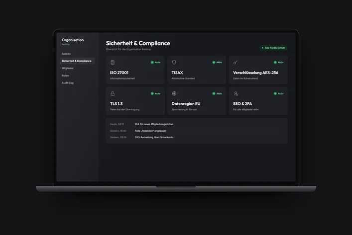 Dashboard mit Sicherheitsstatus für ISO 27001, TISAX, AES-256, TLS 1.3, EU-Datenregion sowie SSO und 2FA