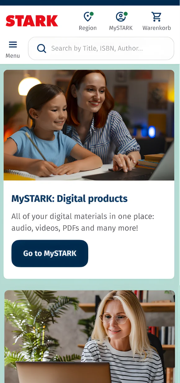 STARK mobile e-learning interface showcasing digital educational products and personalized access through "MySTARK"