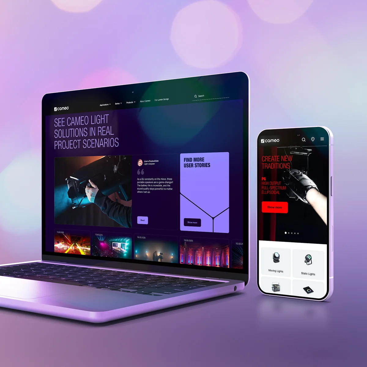 Cameo Light e-commerce website preview on laptop and smartphone showcasing professional lighting solutions and user stories