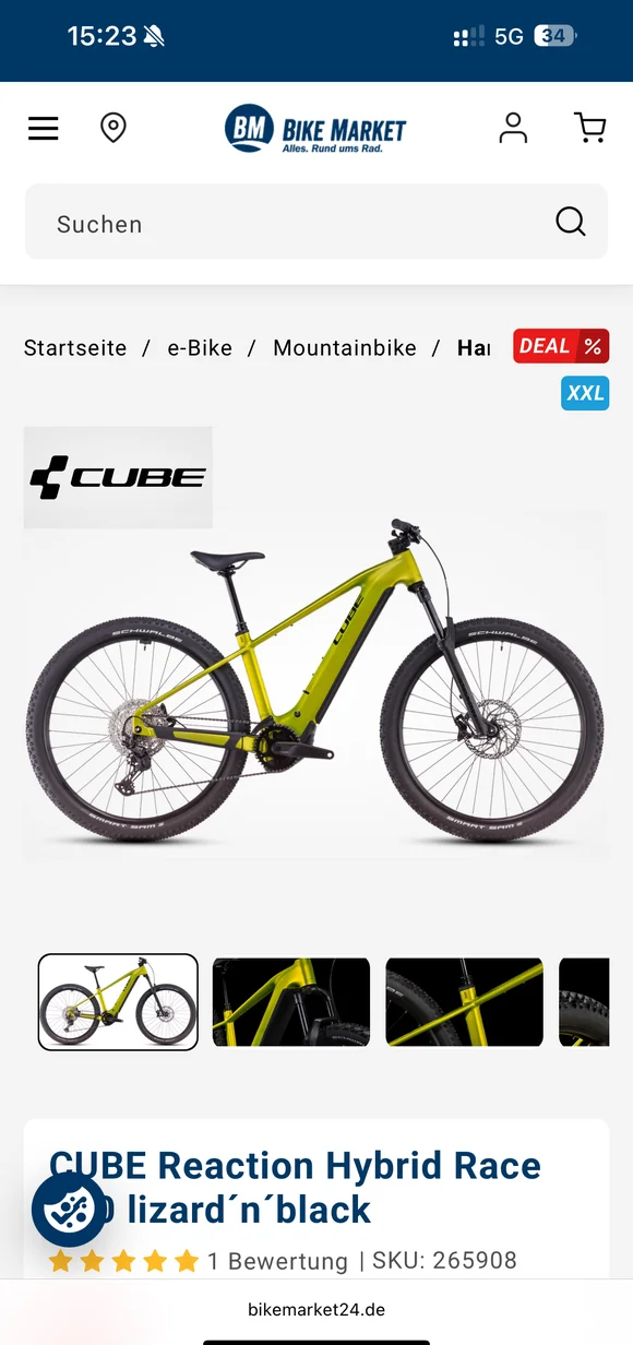 Gemini said BIKE MARKET mobile e-commerce interface showcasing the "CUBE Reaction Hybrid Race" electric mountain bike in "lizard´n´black" color, including product images, a deal badge, and customer ratings
