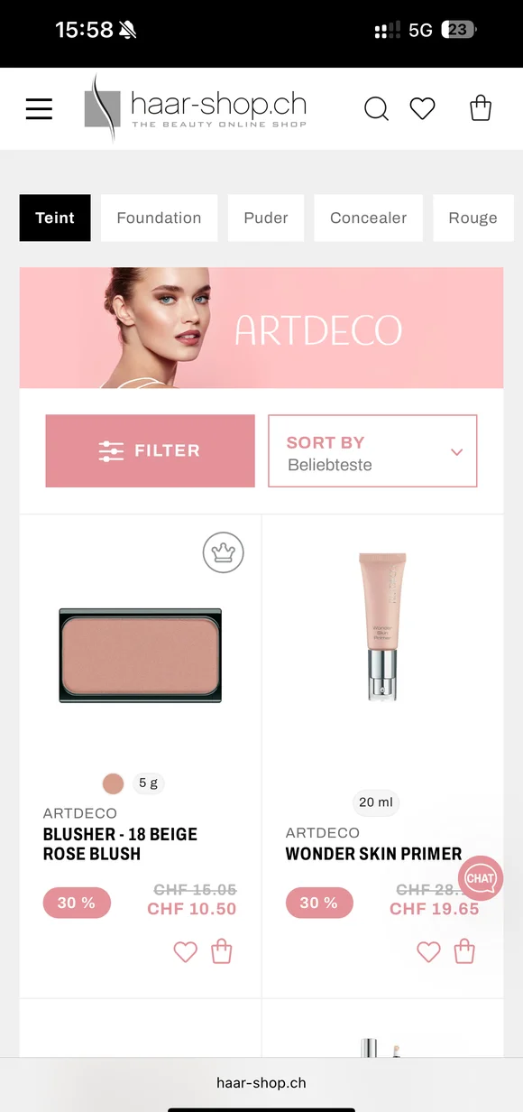 haar-shop.ch mobile e-commerce interface displaying a product listing for ARTDECO cosmetics, featuring the "BLUSHER - 18 BEIGE ROSE BLUSH" and "WONDER SKIN PRIMER" with discount pricing and category filters like "Teint" and "Foundation"