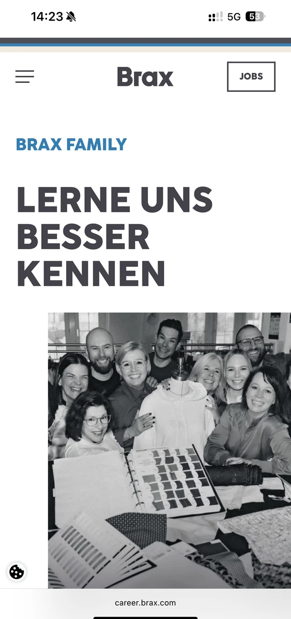 Brax mobile interface showcasing the "BRAX FAMILY" career page with a group photo of the team