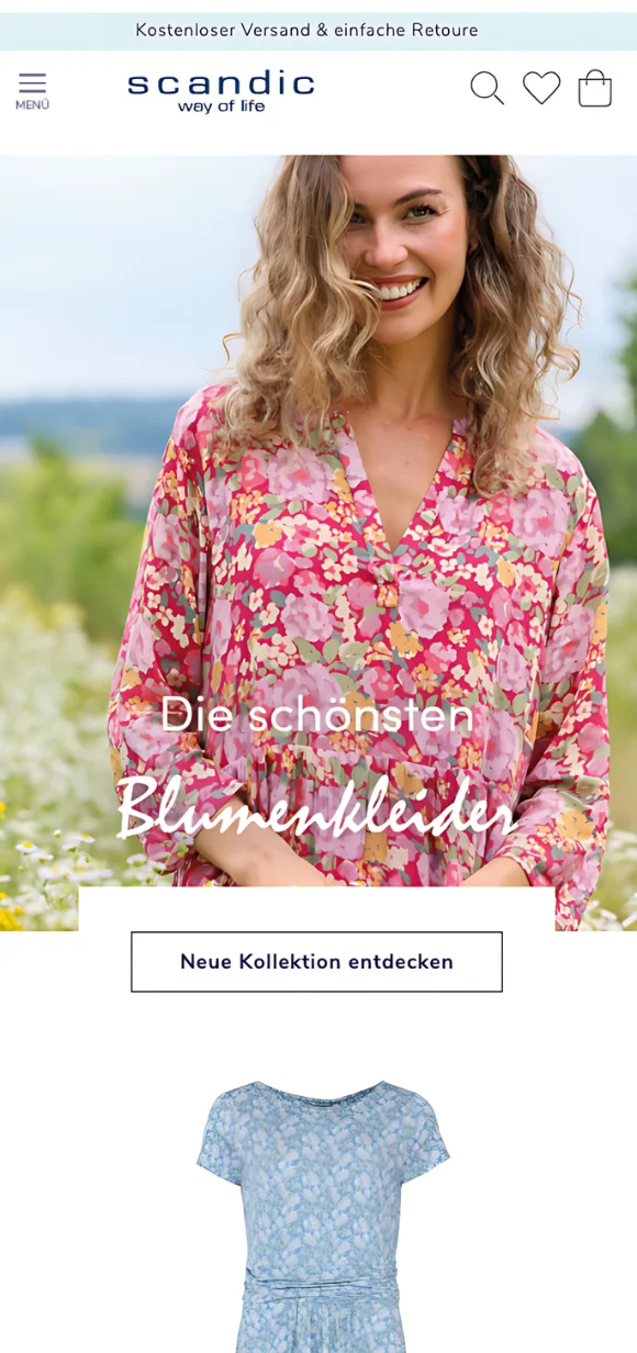 Scandic Way of Life mobile interface featuring a floral dress collection and new arrivals promotion