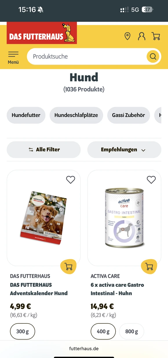 Das Futterhaus mobile e-commerce interface displaying a product listing for dogs, featuring a dog advent calendar and Activa Care gastrointestinal wet food