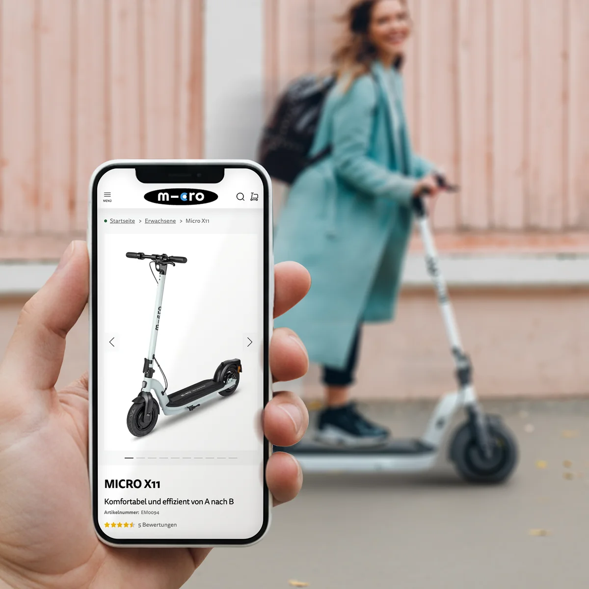Micro mobile e-commerce interface showcasing the "MICRO X11" electric scooter product page alongside a lifestyle background of a rider