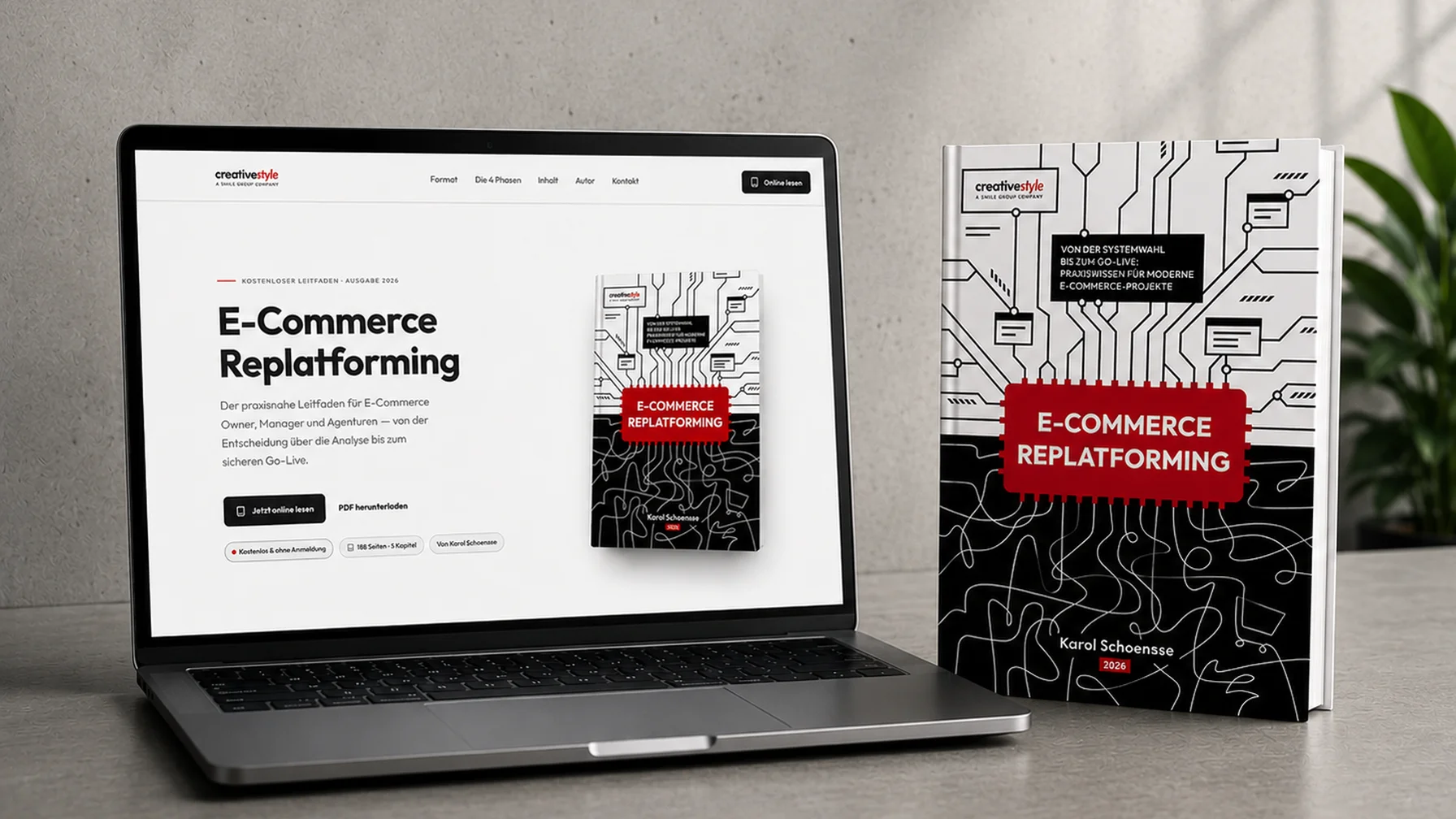 Laptop displaying "E-Commerce Replatforming" guide cover next to a physical copy, with circuit-themed design.
