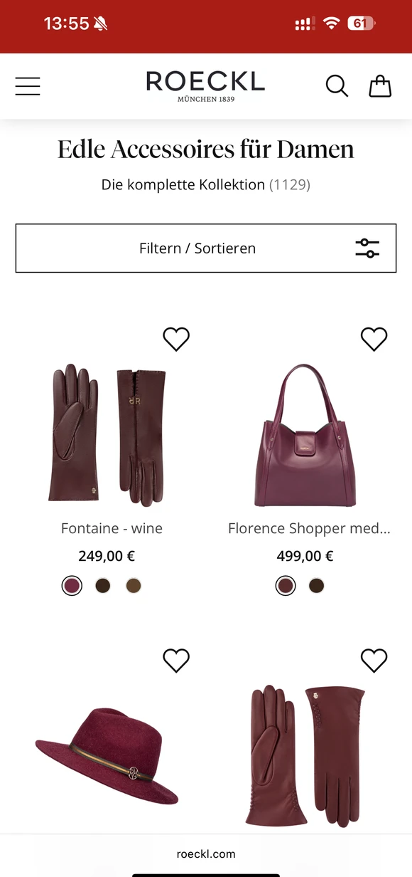 Roeckl mobile e-commerce interface displaying elegant women's accessories including leather gloves, a handbag, and a felt hat
