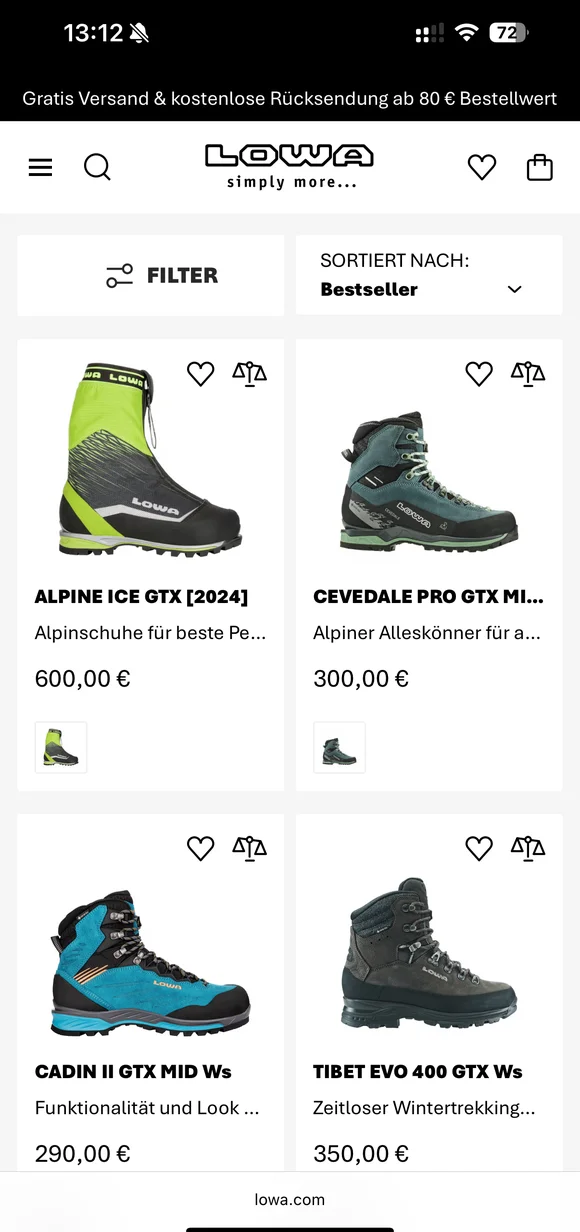 Lowa mobile e-commerce interface displaying outdoor footwear and mountain boot product listing