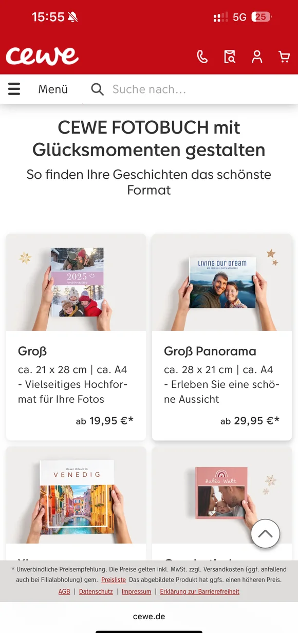CEWE mobile e-commerce interface showcasing various photo book formats, including "Groß" and "Groß Panorama," with pricing and descriptive details for personalized photo products