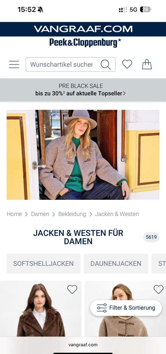 VANGRAAF.COM mobile e-commerce interface displaying a product listing for women's jackets and vests, featuring a "PRE BLACK SALE" banner and a lifestyle image of a model in a wool jacket and hat