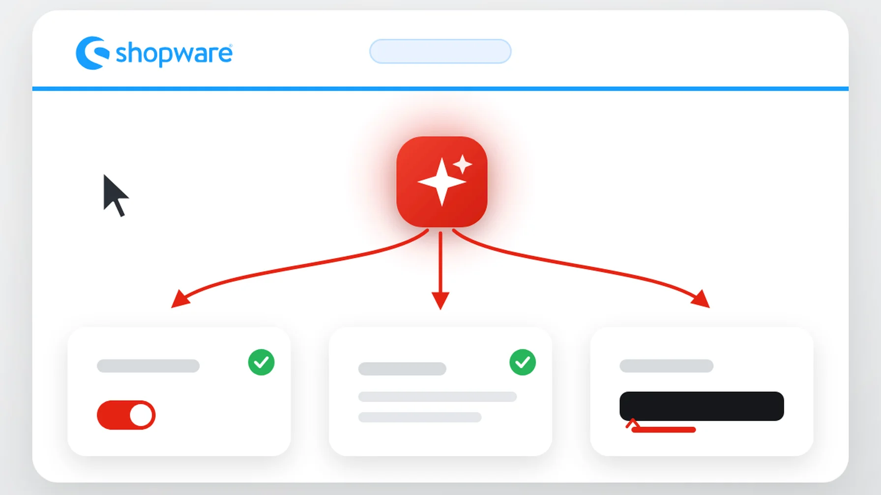 Shopware interface showing a red star icon with arrows pointing to three items, two with green check marks, on a white background.