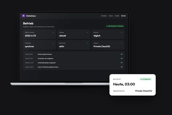 Dashboard showing the operations status of a Pimcore platform: version, updates, backups, search index and monitoring