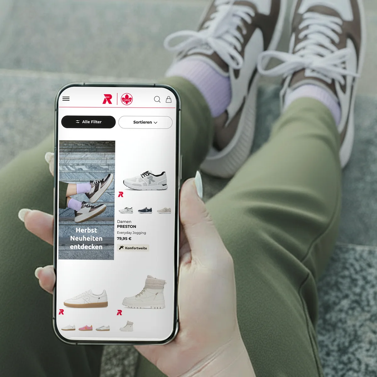 Rieker e-commerce website preview on a smartphone showcasing the "Herbst Neuheiten" (Autumn New Arrivals) collection, featuring the "Damen PRESTON" sneaker alongside lifestyle product photography