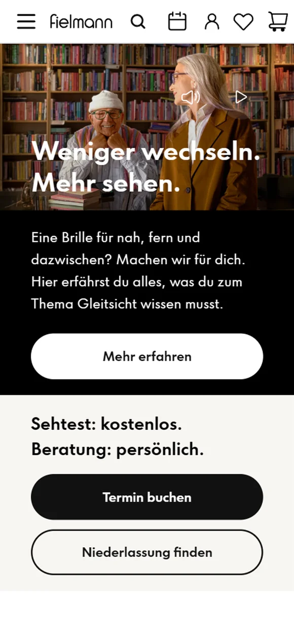Fielmann mobile interface showcasing information about varifocal lenses ("Gleitsichtbrillen") with options to book a free eye test or find a local branch