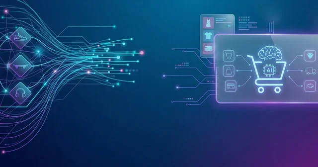 Abstract image of AI in e-commerce: digital brain in shopping cart icon, connected to online shopping elements on a blue tech background.