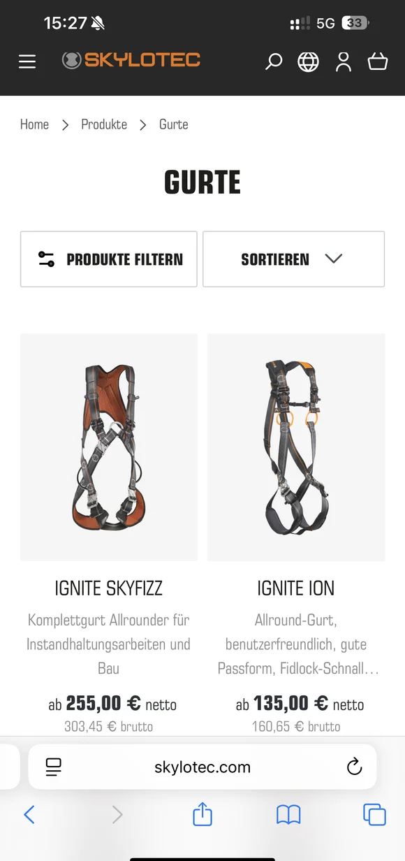 SKYLOTEC mobile e-commerce interface displaying a product listing for safety harnesses, featuring the "IGNITE SKYFIZZ" and "IGNITE ION" models with pricing and technical category details