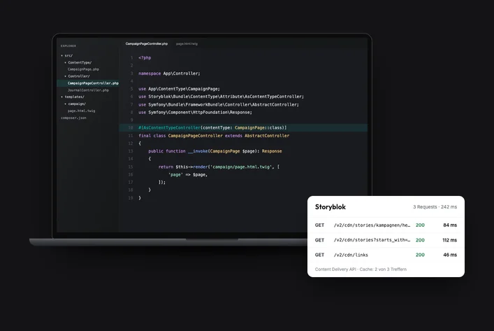 Code-Editor mit einem Symfony-Controller und ein Profiler-Panel mit Storyblok-API-Requests