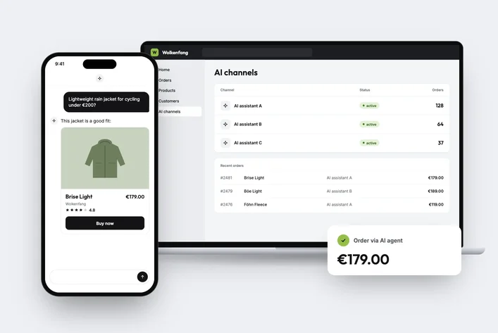 Smartphone with an AI assistant recommending a product with direct checkout, and a laptop behind it showing an overview of AI sales channels