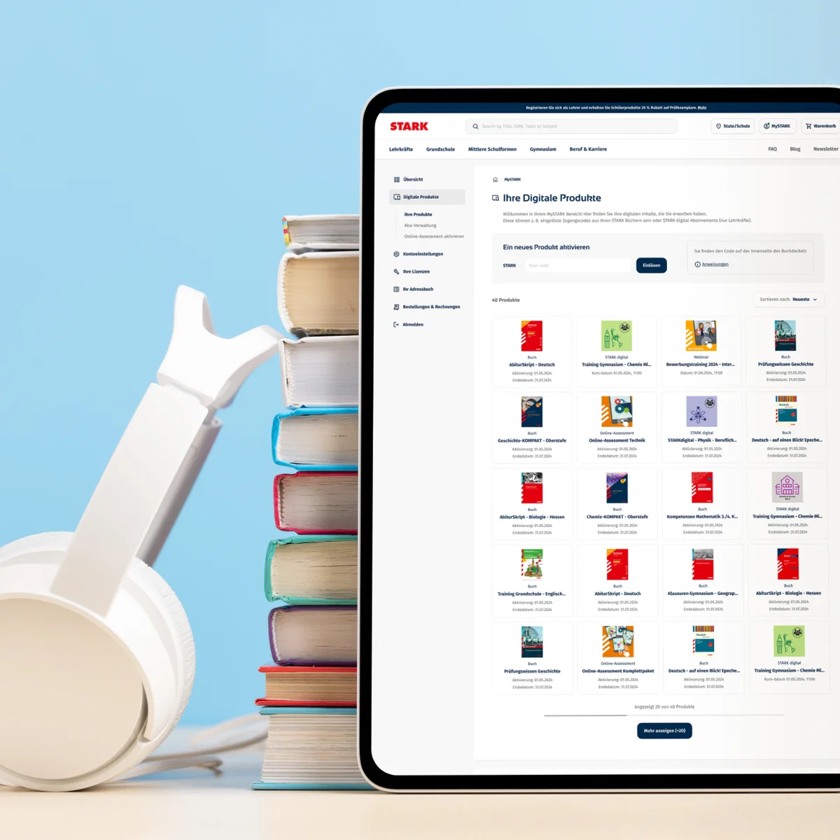 STARK e-learning platform on a tablet showcasing digital educational products alongside physical books and headphones