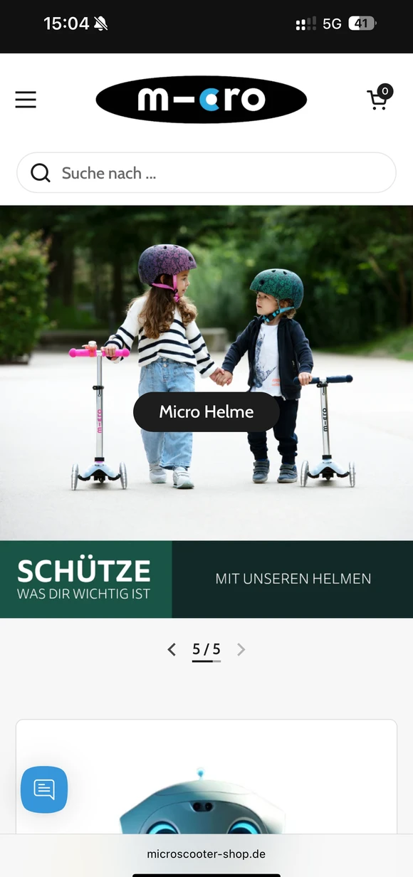 Micro mobile e-commerce interface showcasing "Micro Helme" (Micro Helmets) for children alongside scooters and safety-related promotional banners