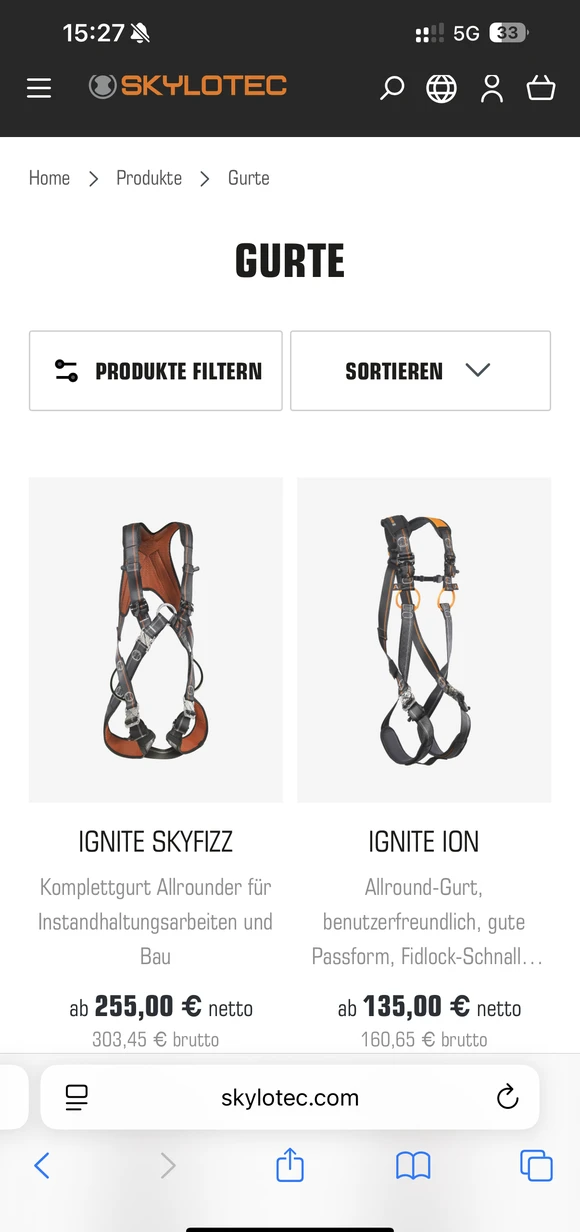 SKYLOTEC mobile e-commerce interface displaying a product listing for safety harnesses, featuring the "IGNITE SKYFIZZ" and "IGNITE ION" models with pricing and technical category details