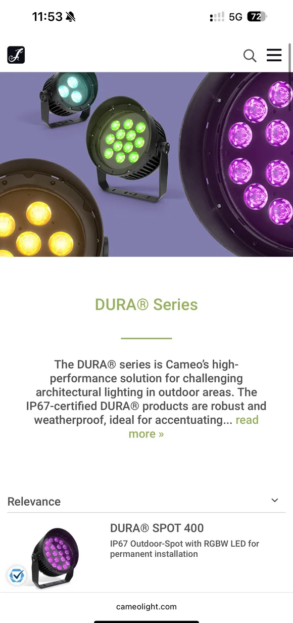 Cameo Light mobile e-commerce interface displaying DURA series architectural outdoor lighting collection