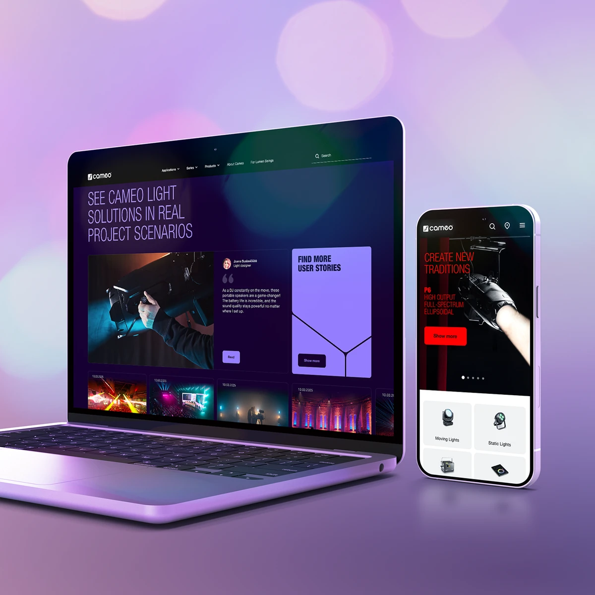 Cameo Light e-commerce website preview on laptop and smartphone showcasing professional lighting solutions and user stories