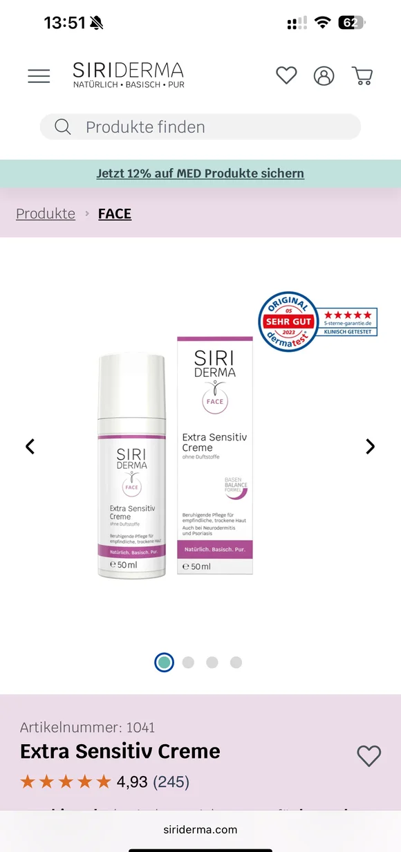 Siriderma mobile e-commerce interface displaying Extra Sensitiv Creme product page for sensitive skin care
