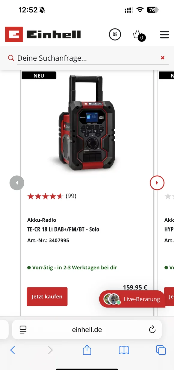 Einhell mobile e-commerce interface displaying the TE-CR 18 Li cordless radio product page