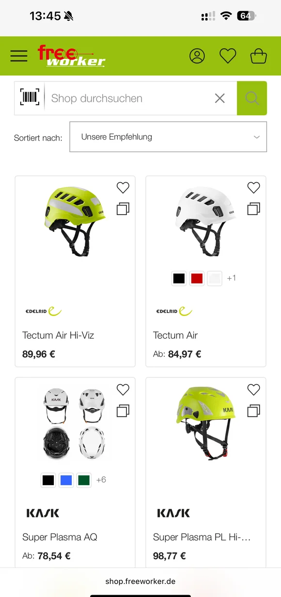 Freeworker mobile e-commerce interface displaying a product listing for Edelrid and KASK safety helmets