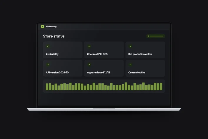 Dashboard showing a Shopify store's operating status: availability, PCI DSS checkout, bot protection, API version, reviewed apps and consent