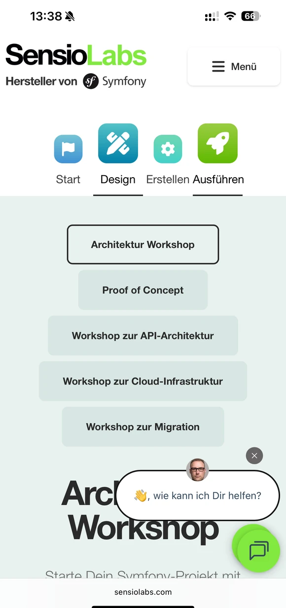 SensioLabs mobile interface showcasing architectural workshops and Symfony project services