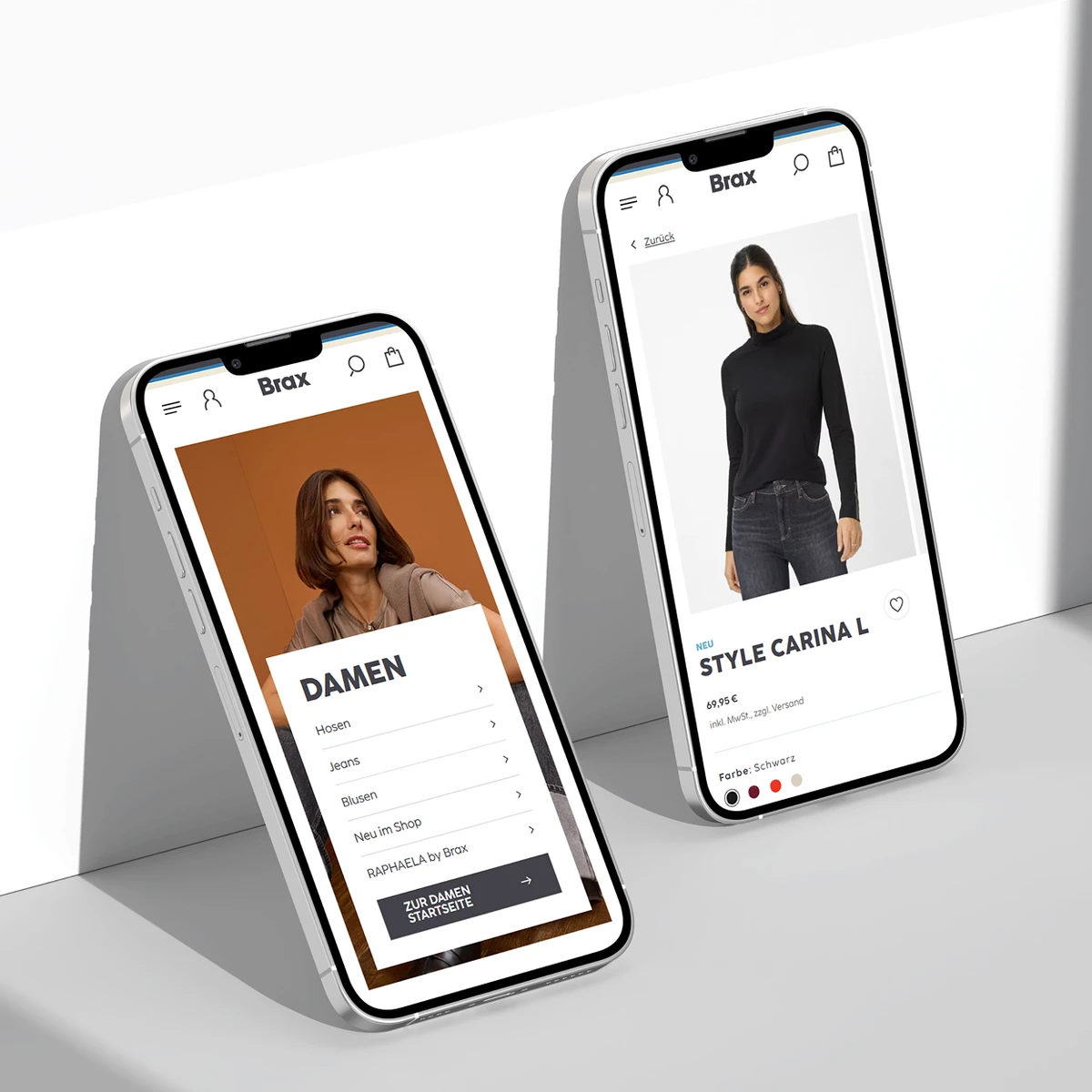 Brax e-commerce website preview on two mobile devices showcasing the women's fashion collection, featuring a "DAMEN" category menu and the "STYLE CARINA L" product page